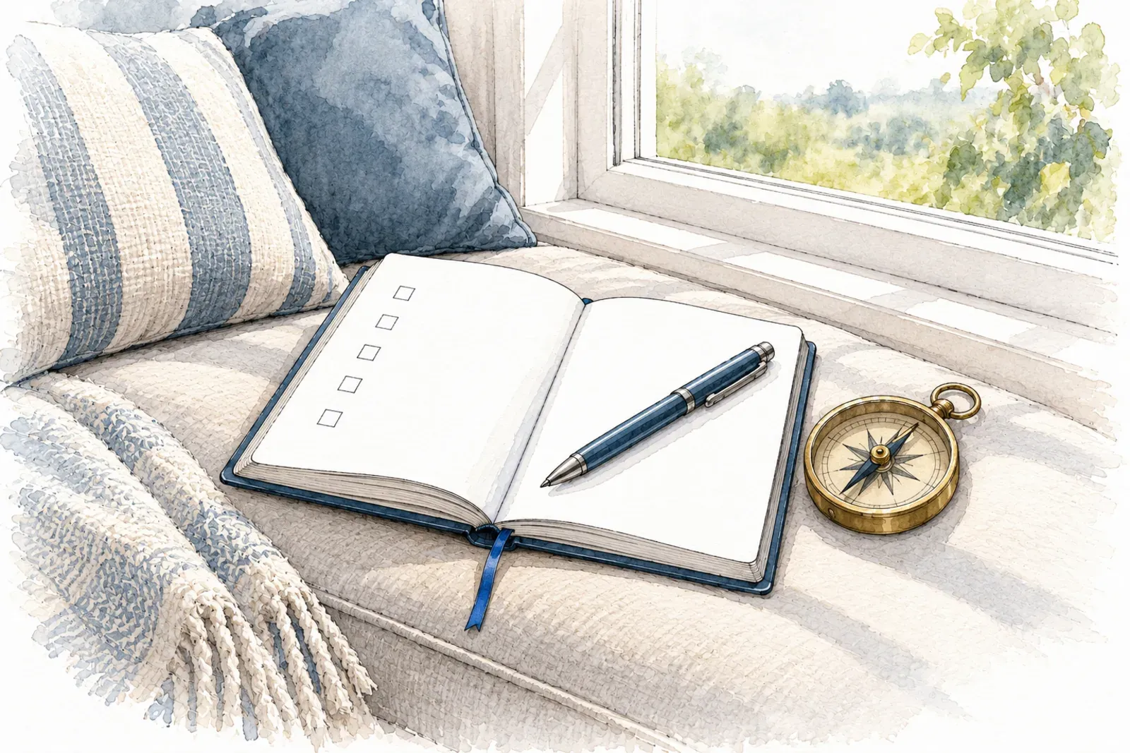 Illustration: ink sketch of an open notebook with empty checkboxes, a pen and a brass compass on a window seat.