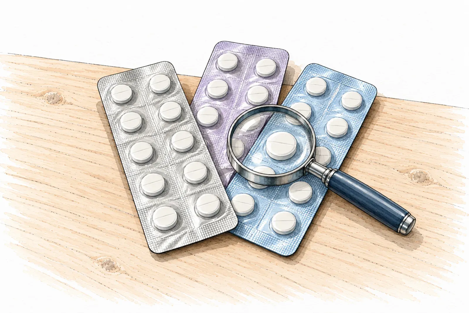 Illustration: ink sketch of three blank blister strips in silver, lilac and pale blue foil, with white tablets and a magnifying glass.
