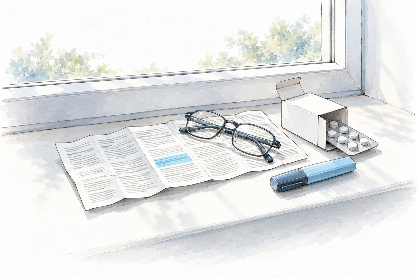 Illustration: ink sketch of an unfolded medicine leaflet with one line highlighted, reading glasses, a highlighter and an opened pack of tablets on a sunny windowsill.